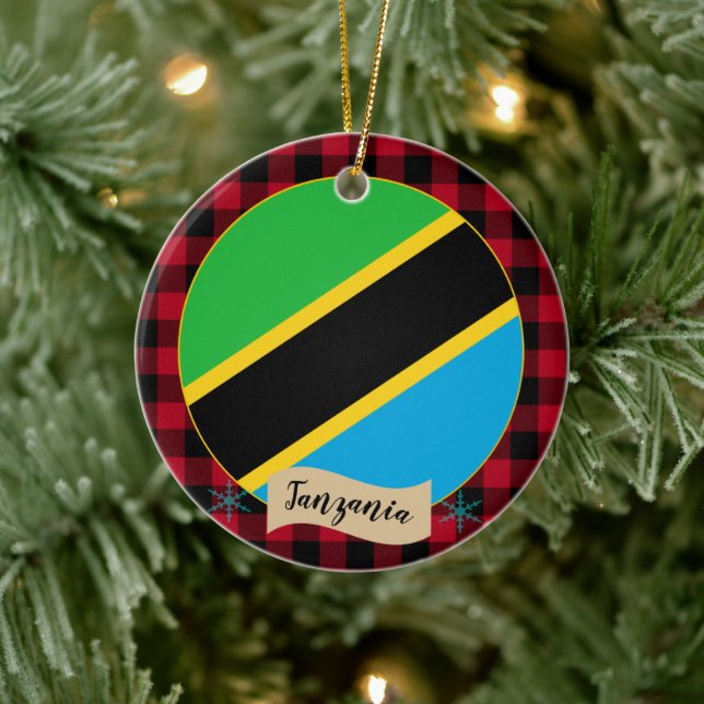 Tanzania, Red buffalo plaid & Tanzanian Flag Ceramic Ornament (Tree)
