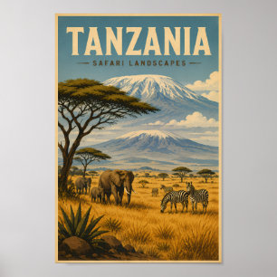 Tanzania Safari Zebra Illustration Travel Art Poster