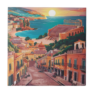 Taormina, Sicily Stylist Watercolor Painting Ceramic Tile