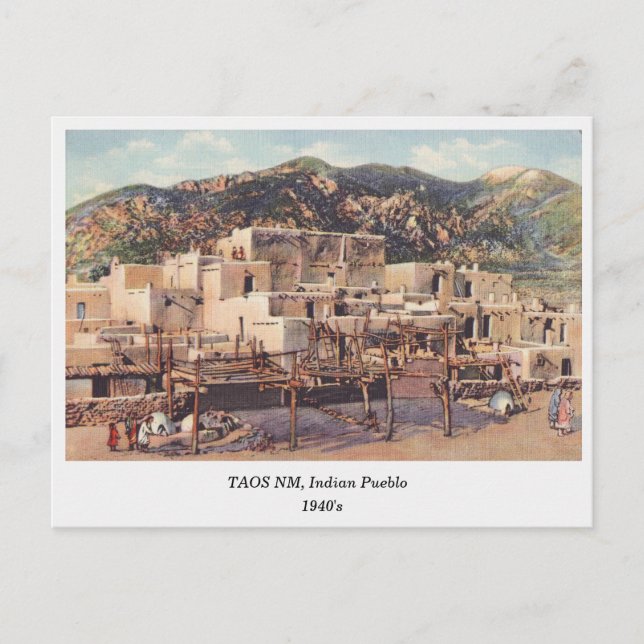Taos NM, Pueblo, 1940s postcard (Front)