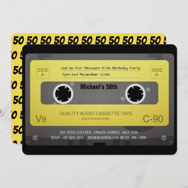 Tape Cassette RETRO Invitation 50th 60th 70th ANY (Front/Back)