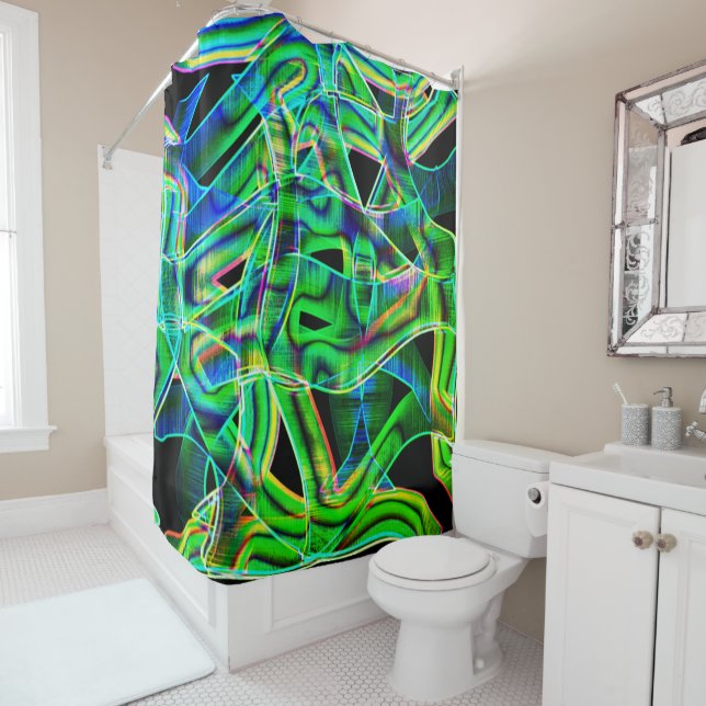 Tape-like curves, coloured and green relief or neo shower curtain (In Situ)