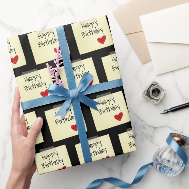 Taped Post It Note With Red Birthday Heart Wrapping Paper (Gifting)