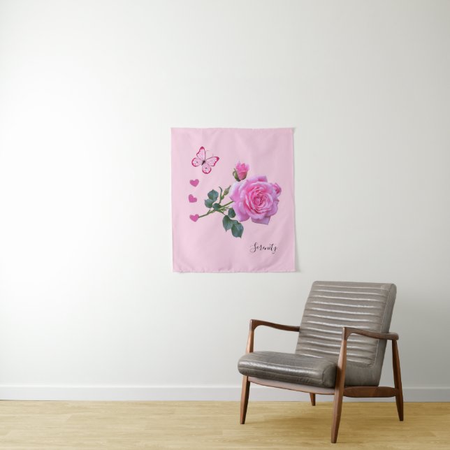 Tapestries Pink Rose Floral Butterfly Hearts (In Situ)