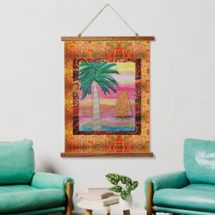 Tapestry - Abstract Palm Tree and Sailboat