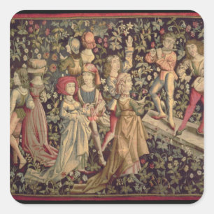 Tapestry depicting dancers and musicians square sticker