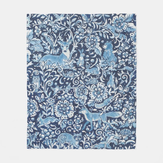 Tapestry Indigo Blue White Woodland Animal Floral Fleece Blanket (Front)
