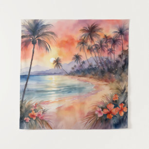 Tapestry Orange Pink Sunset Tropical Beach Palms