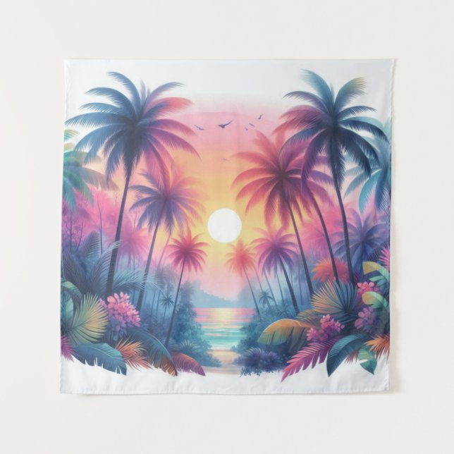 Tapestry Pink Sunset Tropical Beach Art  (Front)