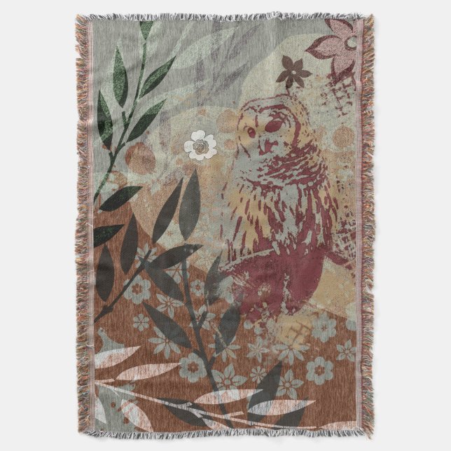 Tapestry Style Owl Leaves Flower Collage Throw Blanket (Front Vertical)