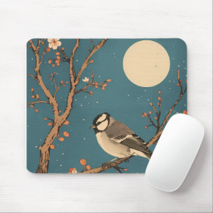 Tapis De Souris - Moonlit Bird on Blossom Branch Mouse Pad