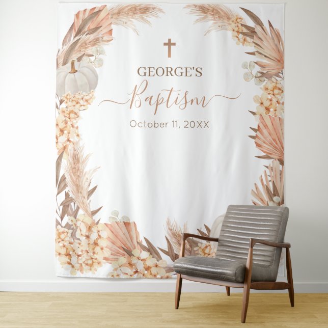 Tapiz Boho Pampas white Pumpkin Baptism banner Tapestry (In Situ)