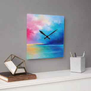 “Tarfarran” Pink and Blue Landscape Seascape Square Wall Clock