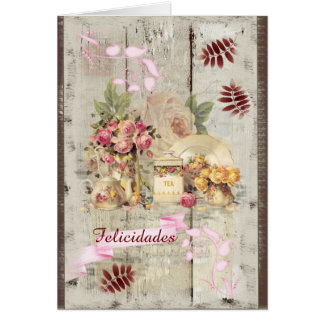 Tarjeta de felicitación madera y tetera vintage