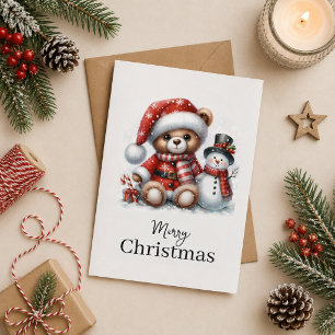 Tarjeta de Navidad: Teddy Bear y Snowman Card