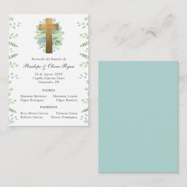 Tarjeta de Recuerdo de Bautizo con Cruz en Oro Card (Front/Back)