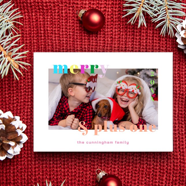 Tarjeta Festiva Funny Christmas Colorful Brightest Holiday Card (Merry Plus One Funny Quote Christmas Colorful Brightest Photo Family Holiday Card with Envelope.)