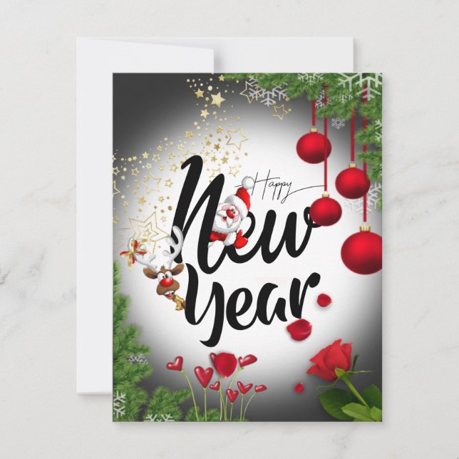 Tarjeta festiva plana para año nuevo  con rosa holiday card (Front)