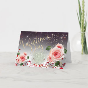Tarjeta Festiva San Valentín con rosas y purpurina Holiday Card