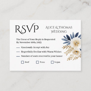 Tarjeta RSVP Floral Boda Elegante Flores Blue Gold Enclosure Card