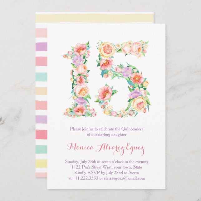 Tarjetas de Fiesta de Quince años, flores pasteles Invitation (Front/Back)