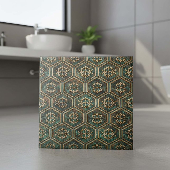 Tarnished Teal & Bronze Hexagon #17 ID1227 Ceramic Tile (Creator Uploaded)