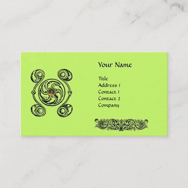TAROT Black Green Celtic Drawing Gemstone Monogram Business Card (Front)