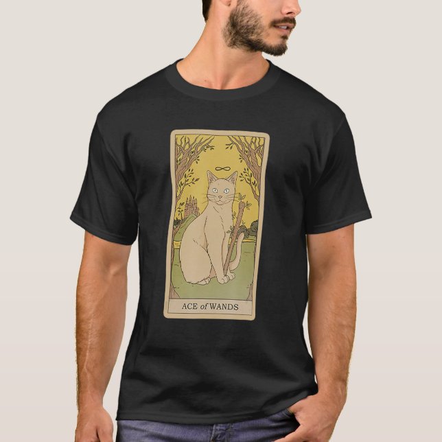 Tarot Card Ace Of Wands And Cat Cosmic Graphic Cat T-Shirt (Front)