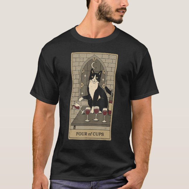 Tarot Card Four Of Cups Crescent Moon And Cat Grap T-Shirt (Front)