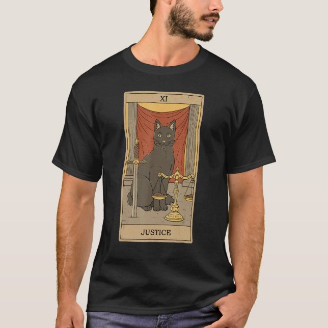 Tarot Card Justice Black Cat Graphic Cat T-Shirt (Front)