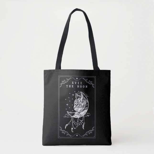 Tarot Card Moon and Cat Crescent Illustration Tote Bag (Front)