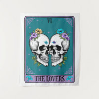 Tarot Card The Lovers with skulls and flowers