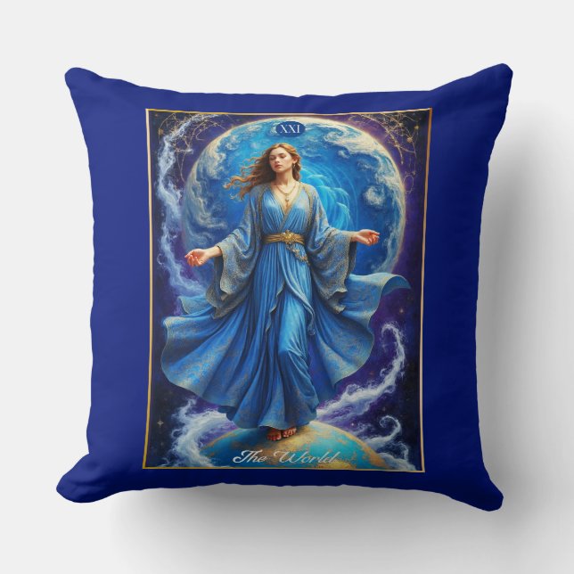 Tarot Card, the World, in Deep Blue  Cushion (Front)