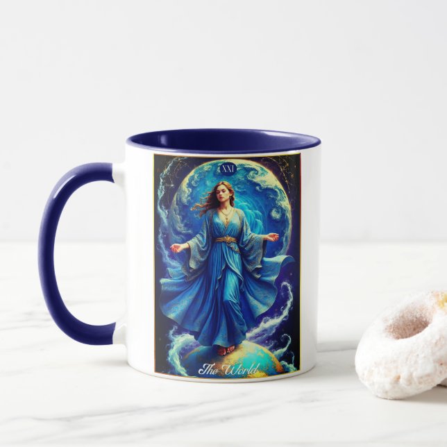 Tarot Card, the World, in Deep Blue  Mug (With Donut)
