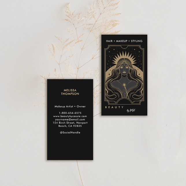 Tarot Celestial Mystical Modern Elegant Black Gold Business Card (tarot card business card celestial mystical gold black makeup hair lashes psychic reiki healer)