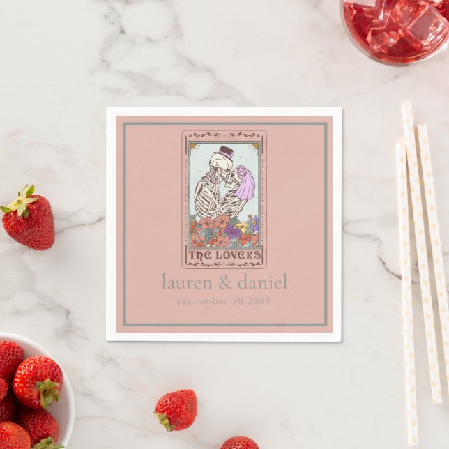 Tarot Lovers Skeleton Names Date Wedding Napkin (Insitu)