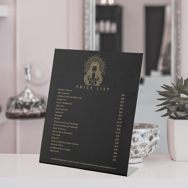 Tarot Makeup Hair Nails Lashes Salon Gold Black Pedestal Sign (price list stand mystical tarot celestial beauty makeup hair nails lashes stylist beautician beauty )