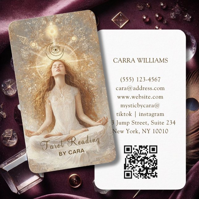 Tarot, Mystic Woman Eye Moon Gold QR Code Business Card (Tarot, Mystic Woman Eye Moon Gold QR Code Business Card)