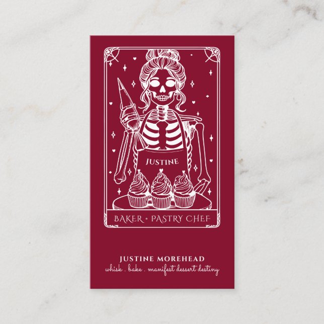 Tarot Skeleton Baker Whisk Cupcake Burgundy Business Card (Front)