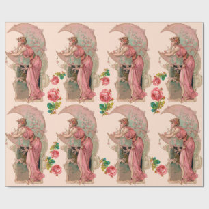 TAROTS / LADY OF THE MOON, FLOWERS AND PINK ROSES WRAPPING PAPER