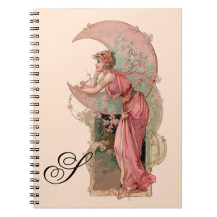TAROTS/ LADY OF THE MOON,FLOWERS IN PINK MONOGRAM NOTEBOOK
