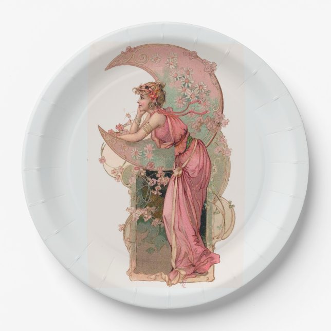 TAROTS/ LADY OF THE MOON, FLOWERS IN PINK  PAPER P PAPER PLATE (Front)