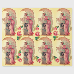 TAROTS ,LADY OF THE MOON,FLOWERS,PINK ROSES Yellow Wrapping Paper