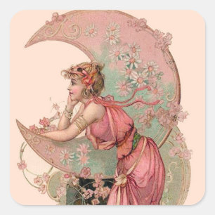 TAROTS/ LADY OF THE MOON WITH FLOWERS IN PINK SQUARE STICKER