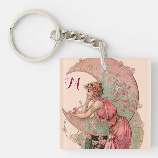 TAROTS/ MOON LADY,FLOWERS IN PINK, MONOGRAM KEY RING (Front)