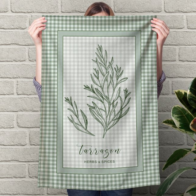 Tarragon Herb Kitchen Towel – Green Gingham Border (Tarragon Herb Kitchen Towel – Green Gingham Border)