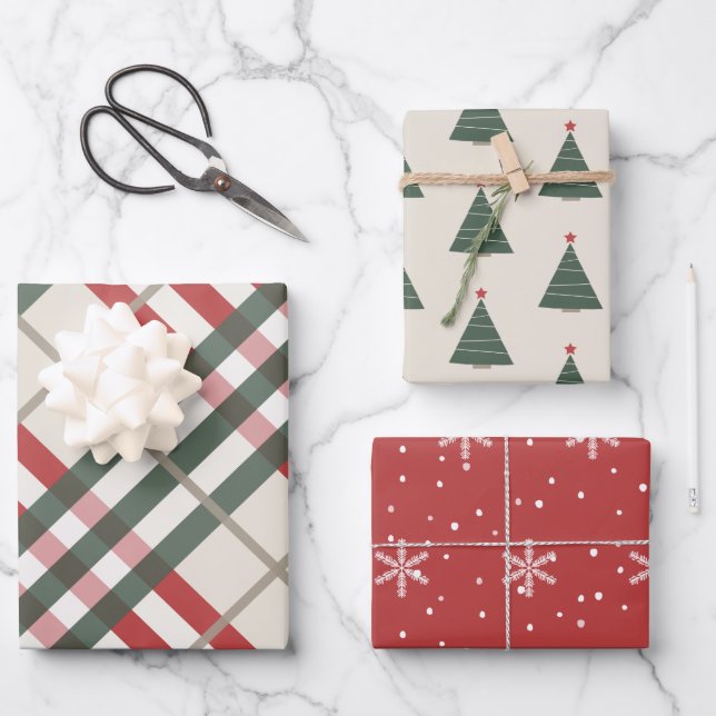 Tartan and Christmas Tree Wrapping Paper Sheet (Front)