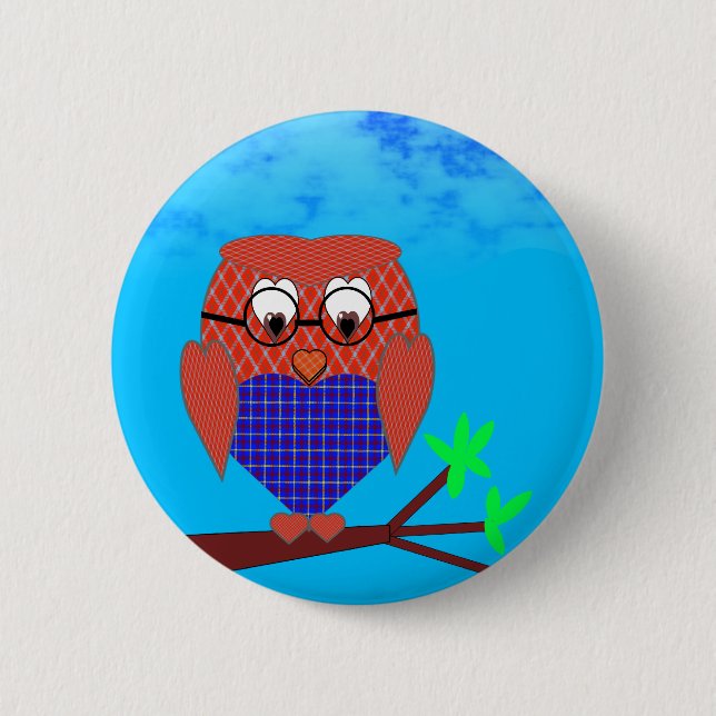 Tartan and Hearts Owl 6 Cm Round Badge (Front)