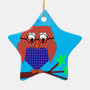 Tartan and Hearts Owl Ceramic Ornament