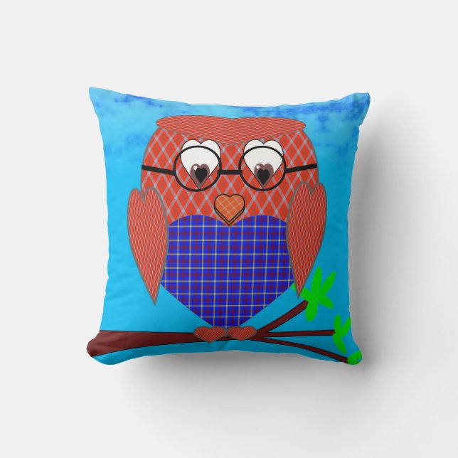 Tartan and Hearts Owl Cushion (Front)
